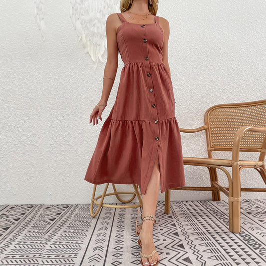 Cotton Linen Strap Button Down Cardigan Style Dress For Women | noémi