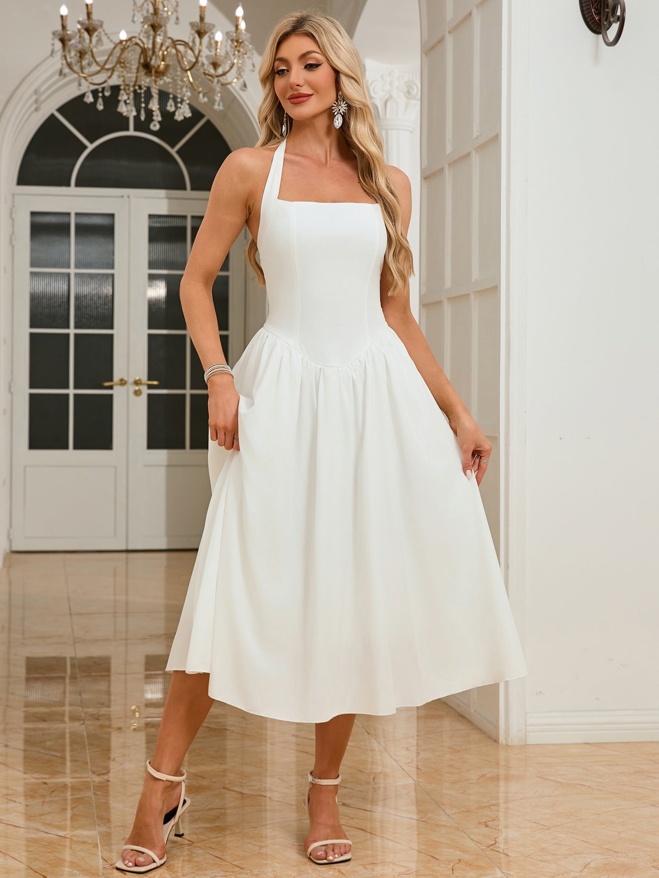 Women’s Sleeveless Halter Backless Midi Dress | Flowy White Summer Dress | noémi