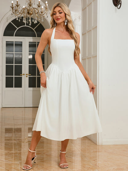 Women’s Sleeveless Halter Backless Midi Dress | Flowy White Summer Dress | noémi