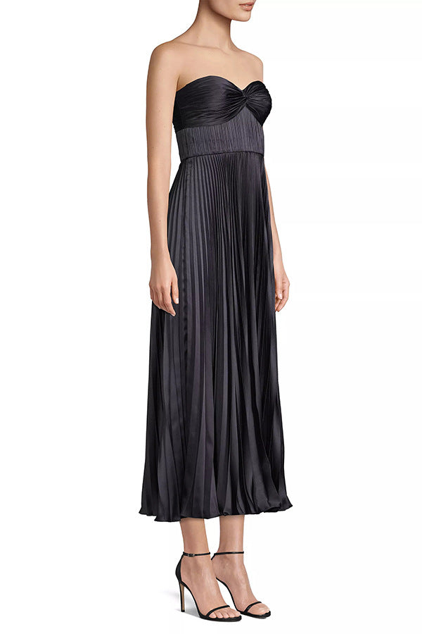 Pleated Satin Maxi Dress | Strapless Wrapped Chest | noémi