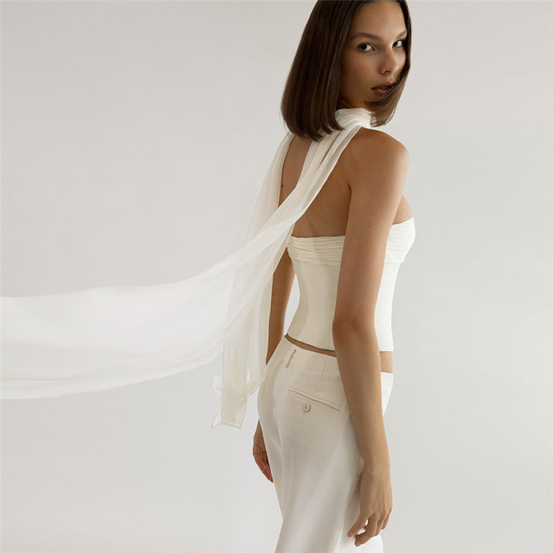 Off Shoulder Slim Fit Cropped Vest | White Chiffon & Tube Top | noémi