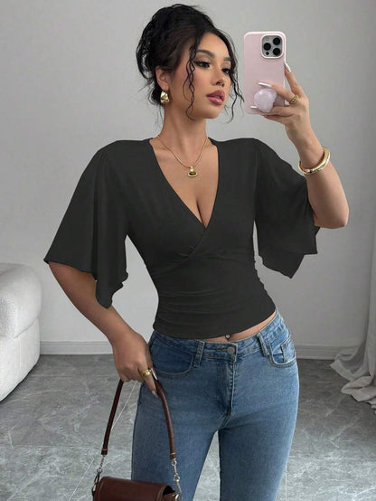 Pleated Pullover Bell Sleeve Solid Color TShirt | Women's Slim Fit VNeck Wrap Top | noémi