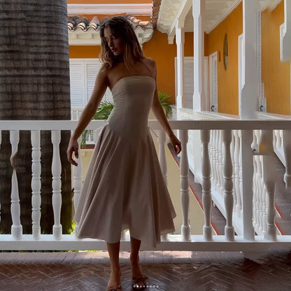 Womens Tube Top A Line Dress with Backless Design Waist Trimming | noémi