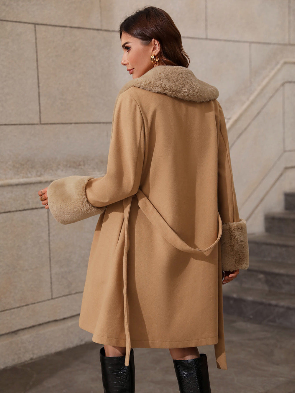 Womens Mid Length Faux Fur Collar Trench Coat | Single Breasted Belted Winter Outerwear | noémi