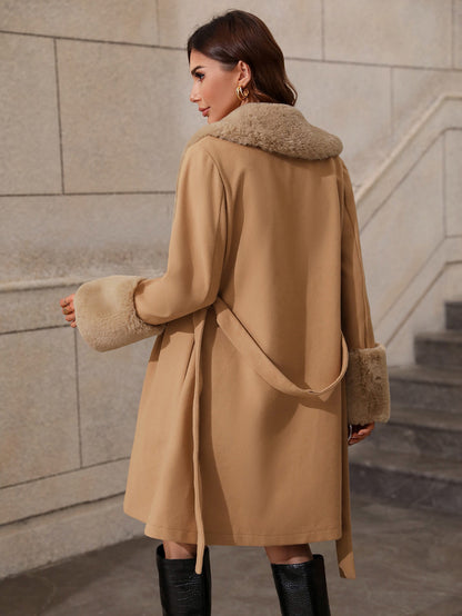 Womens Mid Length Faux Fur Collar Trench Coat | Single Breasted Belted Winter Outerwear | noémi