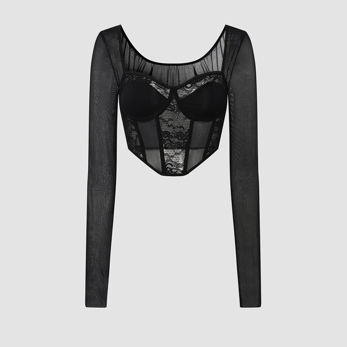 Black Lace Grenadine Corset Top with Boning and Square Collar Long Sleeves | noémi