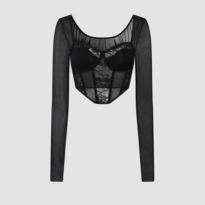 Black Lace Grenadine Corset Top with Boning and Square Collar Long Sleeves | noémi