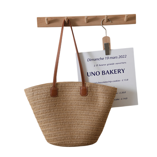 Large-Capacity Straw Shoulder Tote Bag – Hand-Woven Brown, Beach Ready | noémi