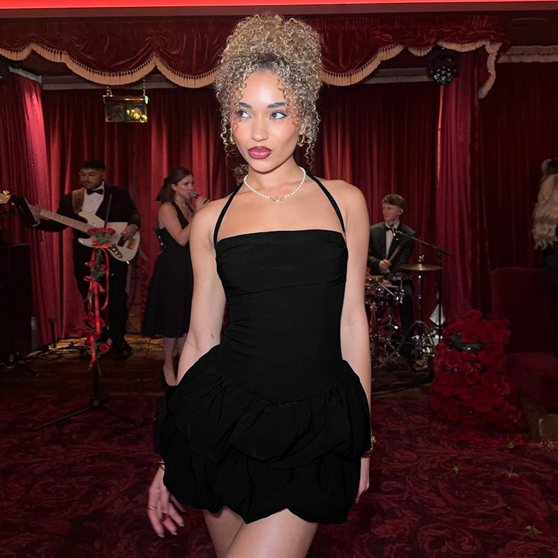 Womens Slim Fit Tube Top Puffy Dress with Halter Lace Up Back | noémi