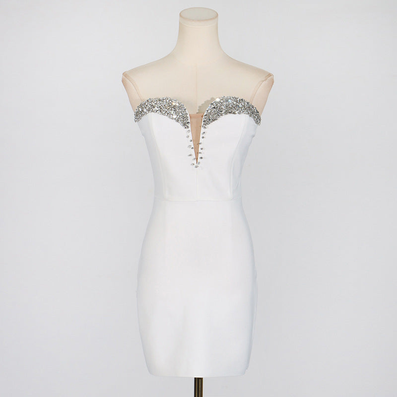 White Rhinestone Mini Dress | Sleeveless Tube Top Backless Dress | noémi