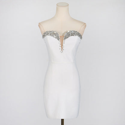 White Rhinestone Mini Dress | Sleeveless Tube Top Backless Dress | noémi