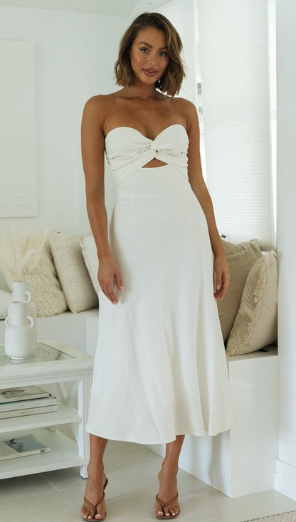 Womens Strapless Maxi Dress | Twist Front, Cut Out Detail, Smocked Back | noémi