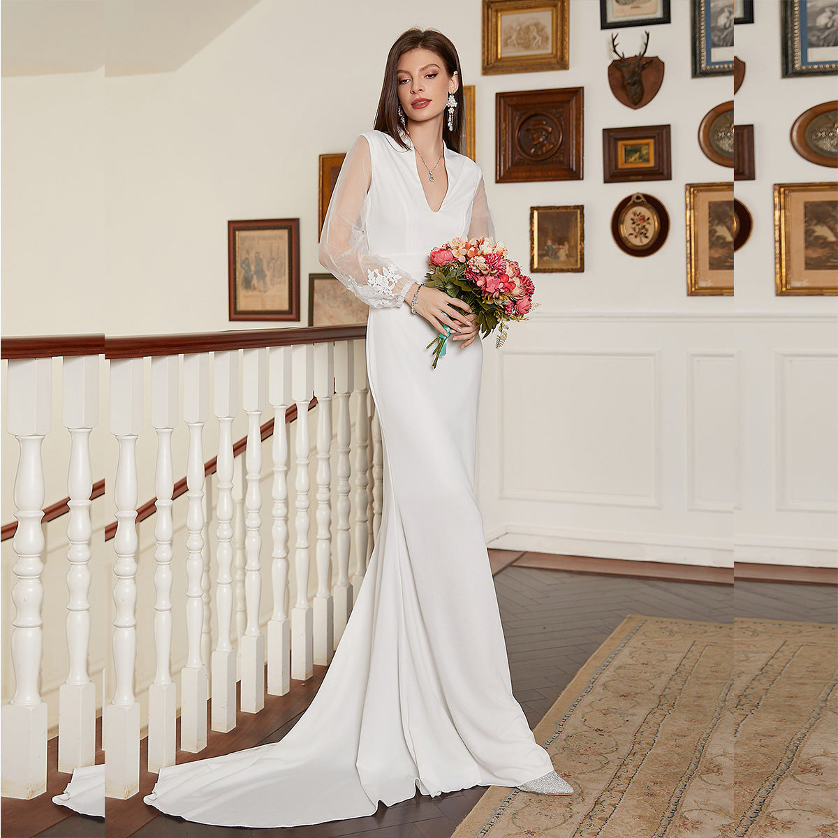 Slim Fit V Neck Dress | Long Sleeve Small Train | Cocktail Gown | noémi