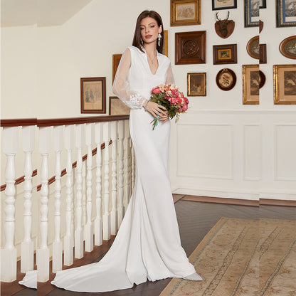 Slim Fit V Neck Dress | Long Sleeve Small Train | Cocktail Gown | noémi