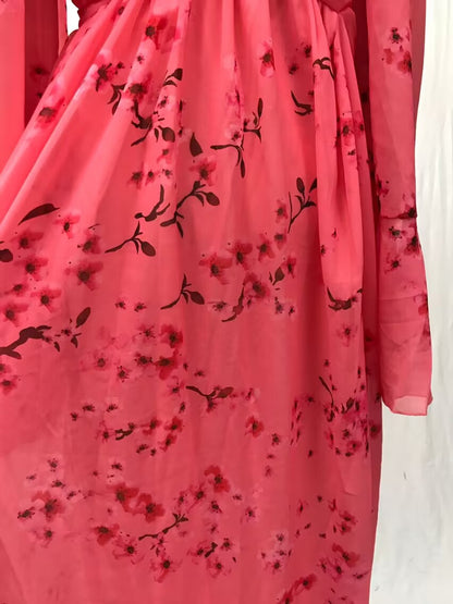 Printed Pleated Maxi Dress with Deep V Neck and Batwing Sleeves | noémi