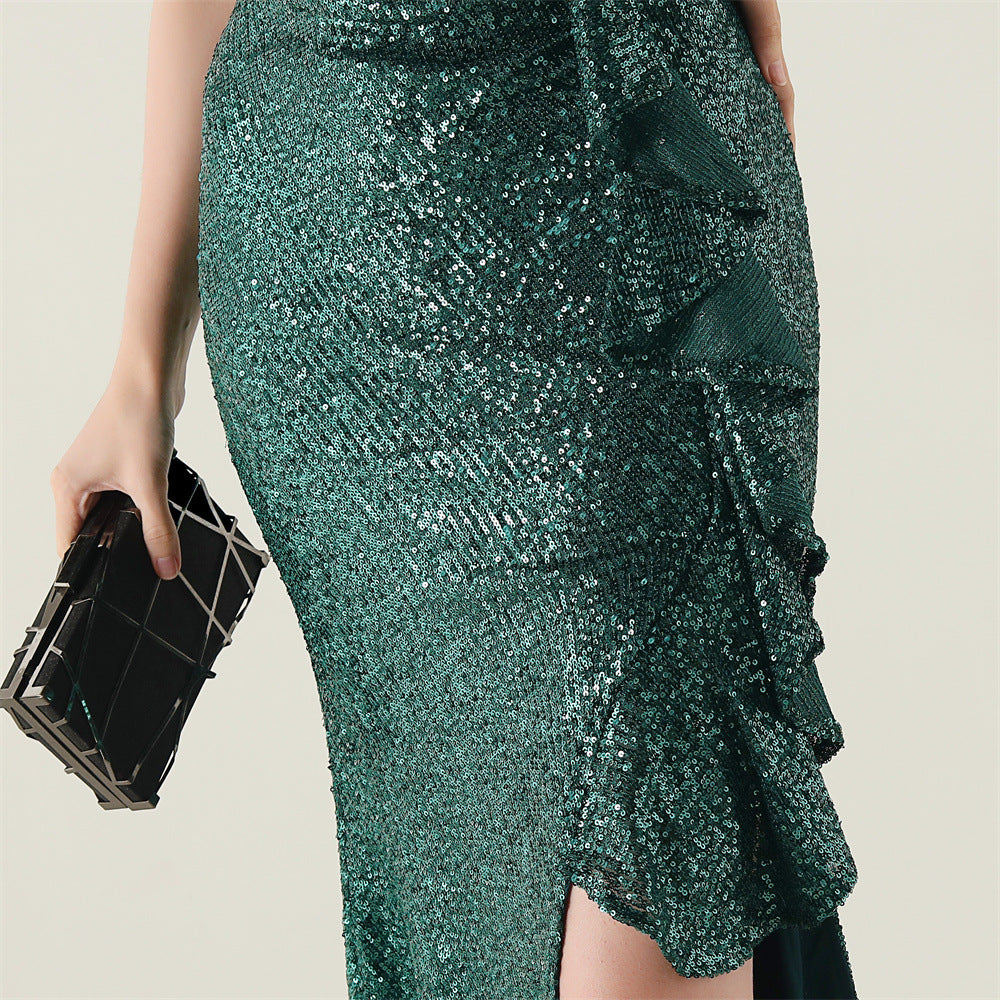 One Shoulder Ruffle Sequin Dress | noémi
