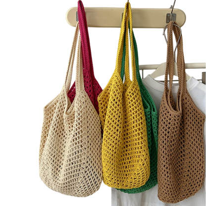 Cotton-Thread Woven Shoulder Tote Bag – Hollow-Out Large Capacity, Rose Red | noémi