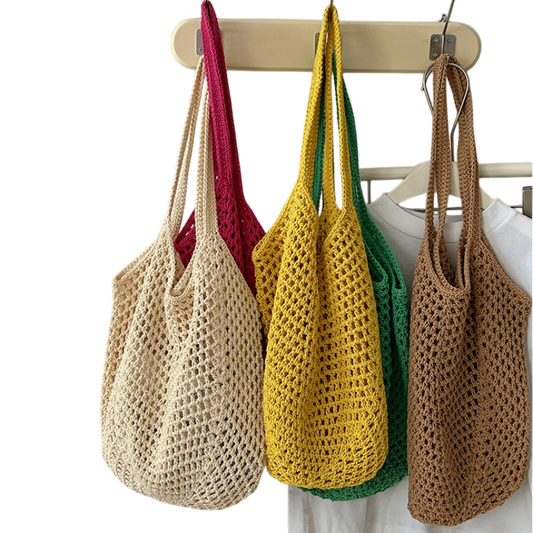 Cotton-Thread Woven Shoulder Tote Bag – Hollow-Out Large Capacity, Rose Red | noémi
