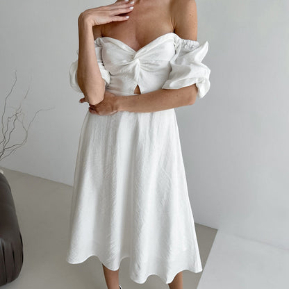 Women A Line Puff Sleeve Dress with Square Neck and Textured Fabric | noémi