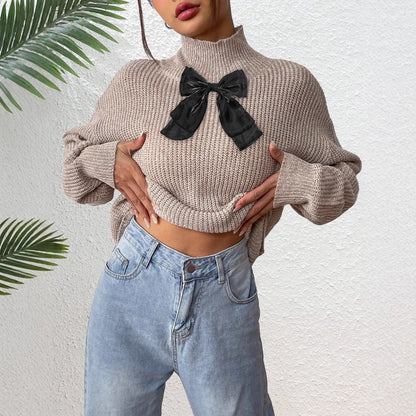 Womens Knit Turtleneck Sweater | Beige Pullover with Black Velvet Bow | noémi