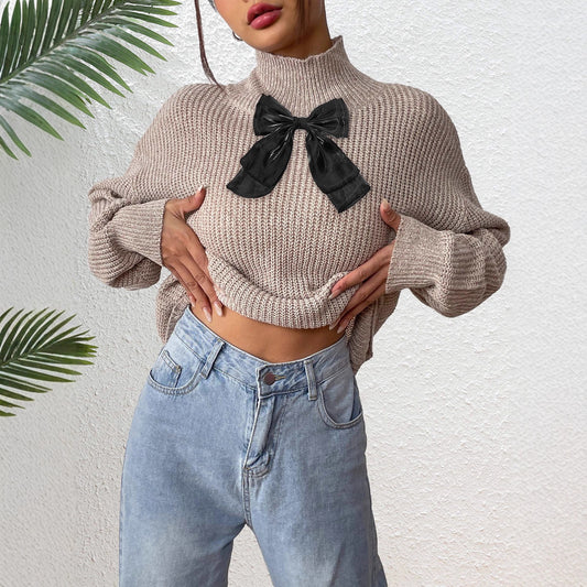 Womens Knit Turtleneck Sweater | Beige Pullover with Black Velvet Bow | noémi