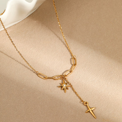 Gold Star & Cross Layered Necklace | Minimalist Clavicle Chain with Diamond Accent & Tassel Detail | noémi