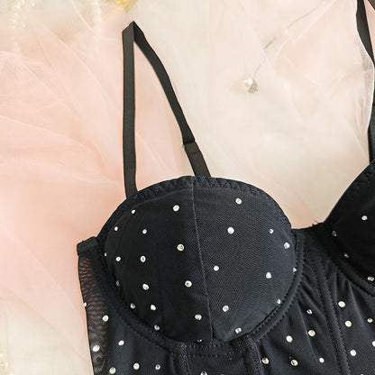 Black Studded Mesh Corset Top | Bustier Crop Top with Rhinestone Detail & Adjustable Straps | noémi