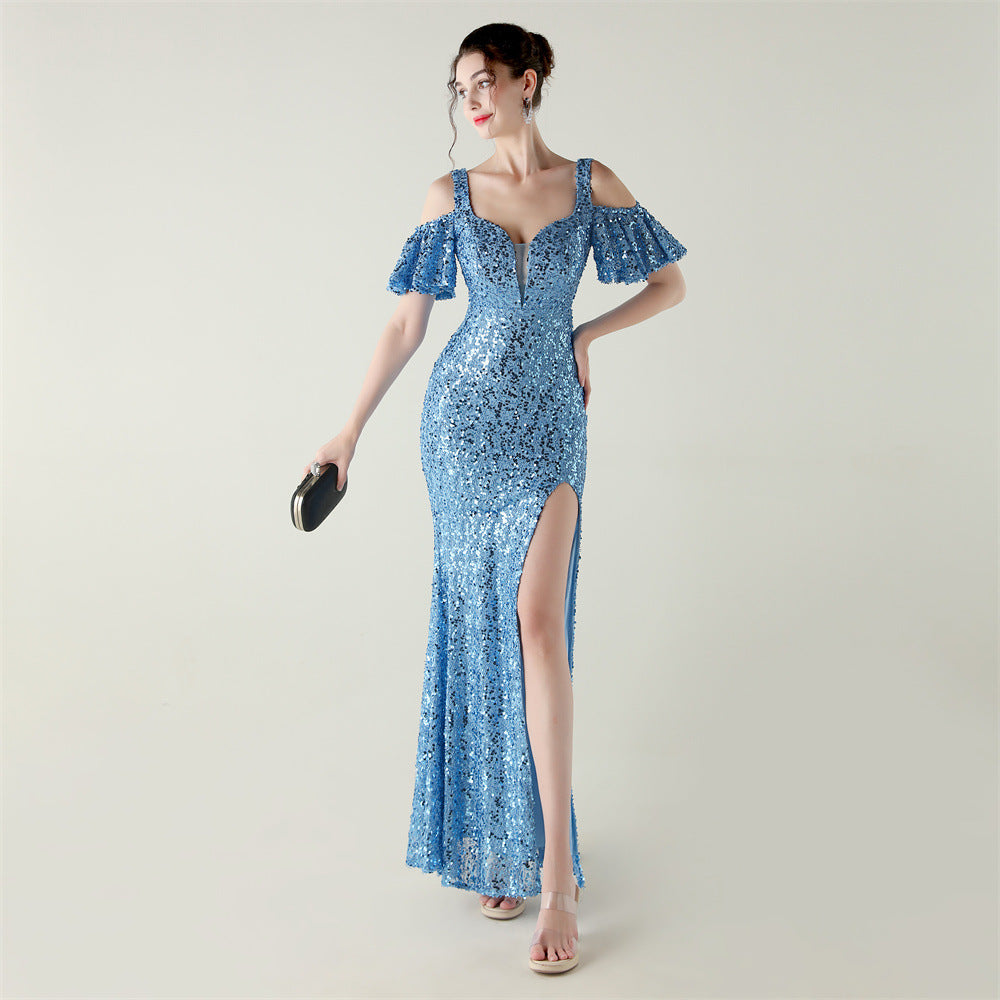 Sequin Dress | Floor Length Cold Shoulder Dress with Side Slit | Deep VPlunge High Slit Fishtail Dress Cocktail | noémi