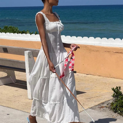 White Corset Midi Sundress | Ruffle Trim Sleeveless Dress with Smocked Back | noémi