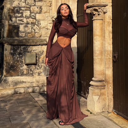 Womens High Collar Long Sleeve Maxi Dress with Side Cutout and Front Slit | noémi