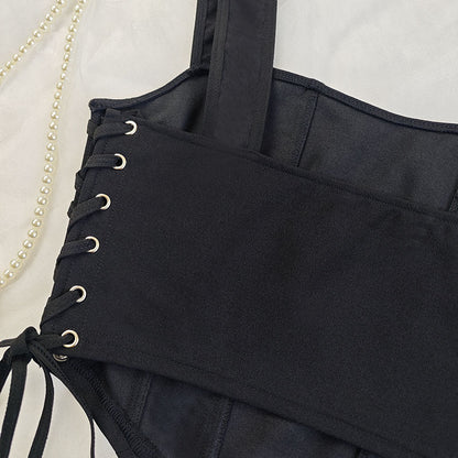 Slim Fit Corset Vest with Boning and Sling Straps in Black | noémi