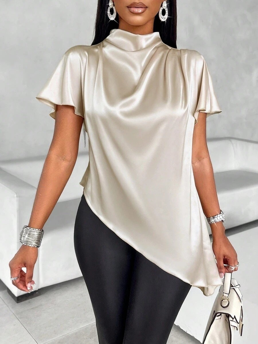 Satin Blouse | High Neck Short Sleeve Top in Champagne | noémi