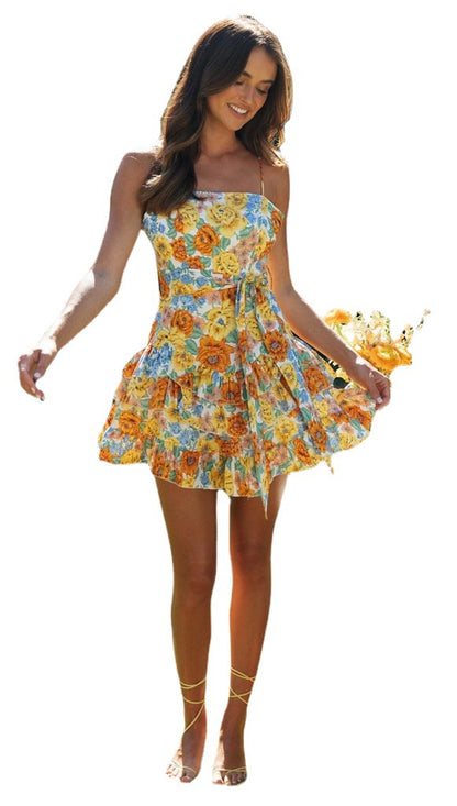 Womens Floral Printed Tiered Mini Dress | Sundress with Spaghetti Straps & Smocked Waist | noémi