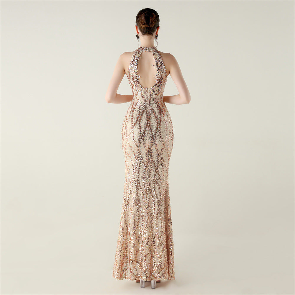 Womens Beaded Sequin Mesh Dress | Strapless Fishtail Maxi Dress | noémi
