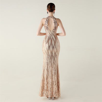 Womens Beaded Sequin Mesh Dress | Strapless Fishtail Maxi Dress | noémi