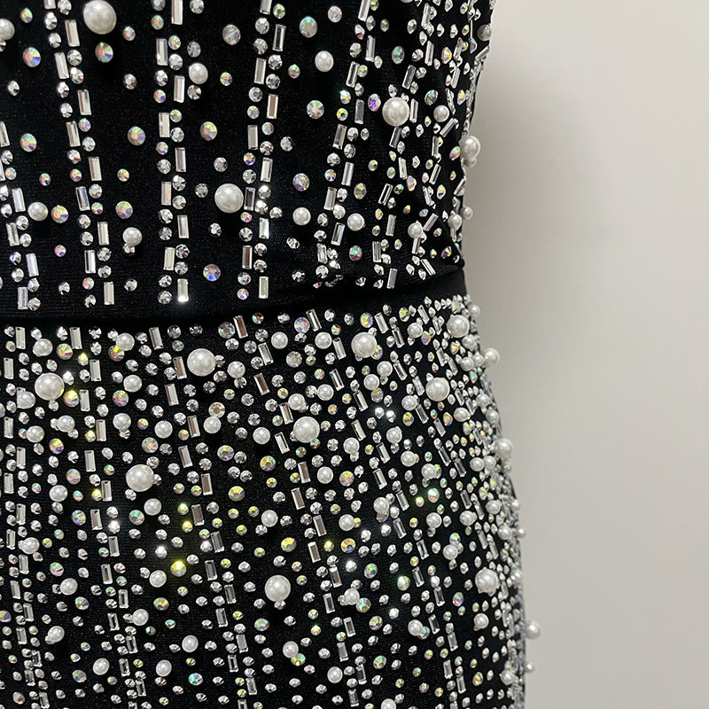 Celestia Crystal Corset Gown | Rhinestone Maxi Dress with Lace Up Back | noémi