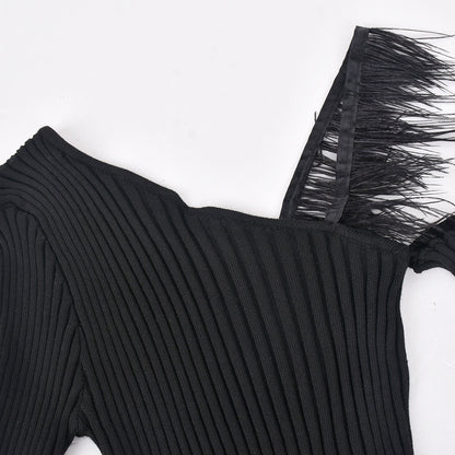 Hollow Out Furry Maxi Dress with Diagonal Collar and Cutout Detail | noémi