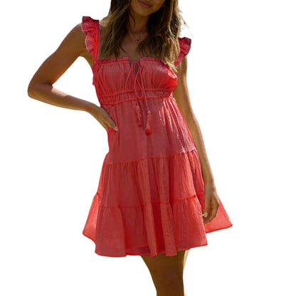 Womens Swing Dress | Tie Neck Ruffle Trim High Waist Sleeveless | noémi