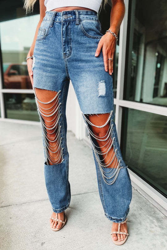 Ripped Straight Leg Jeans | Chain Detail | High Waisted Distressed Denim | noémi