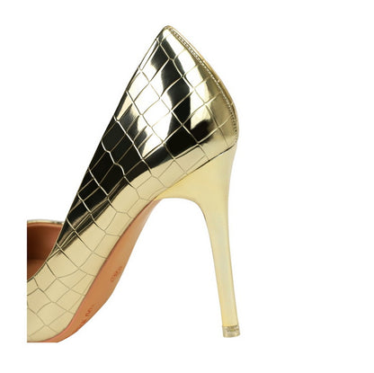 Retro Gold Pointed Toe Stiletto Heels | Shiny Metal Croc Pattern, Super High Heel Pumps | noémi