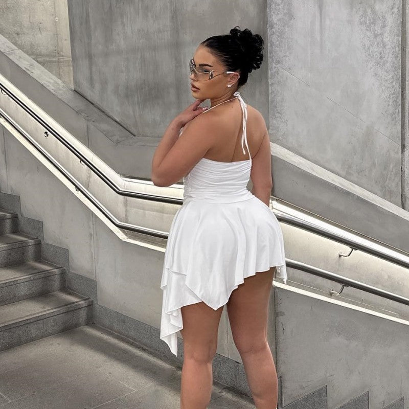 White Ruched Halter Mini Dress | Skirt, Stretch Fit | noémi