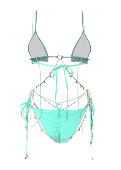 Solid Color Ruffle Chain Strap Three Piece Split Bikini Swimsuit | noémi