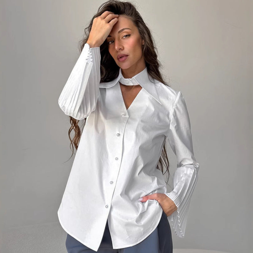Polo Collar Pure Cotton Pleated Bell Sleeve Shirt | Top for Women | noémi