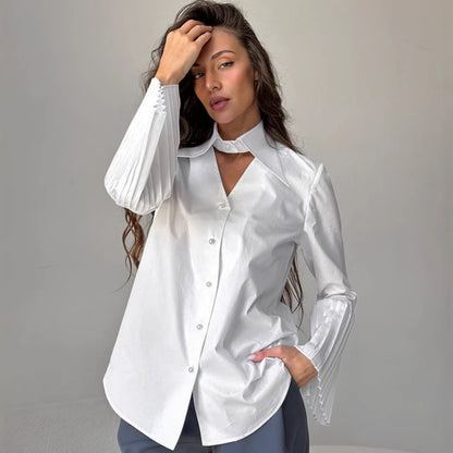 Polo Collar Pure Cotton Pleated Bell Sleeve Shirt | Top for Women | noémi