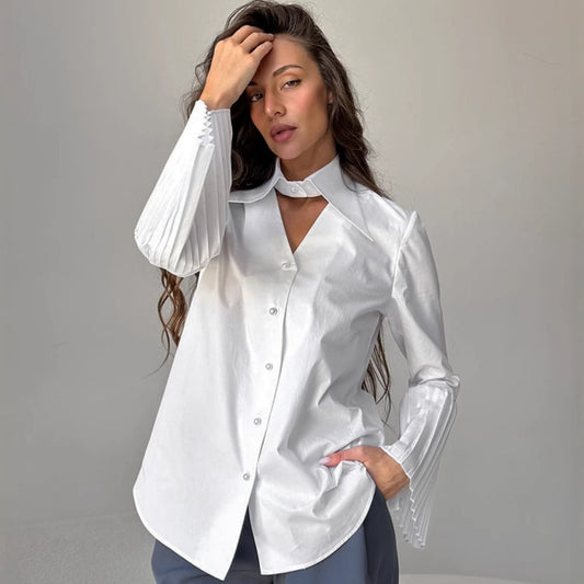 Polo Collar Pure Cotton Pleated Bell Sleeve Shirt | Top for Women | noémi