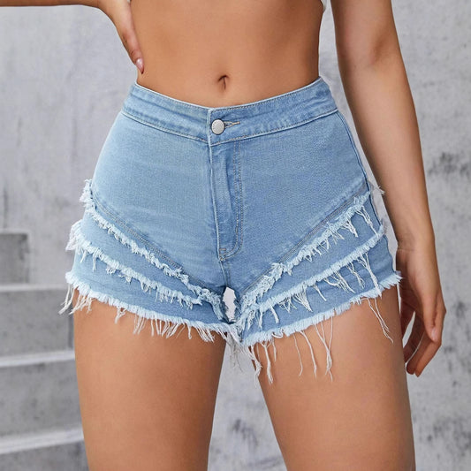 Multi Layer Frayed Stretch Shorts | Distressed Raw Hem Cheeky Jean Shorts with Layered Fringe | noémi