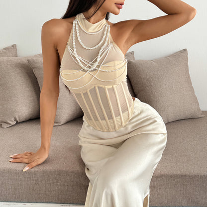 Pearl Embellished Corset Satin Maxi Top | Backless Halter | noémi