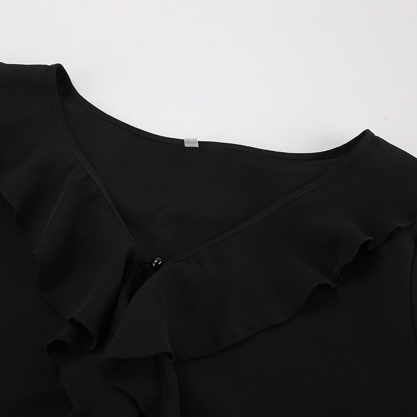 Black V Neck Chiffon Blouse for Women | Sheer Long Sleeve with Ruffle Detail | noémi