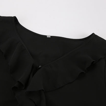 Black V Neck Chiffon Blouse for Women | Sheer Long Sleeve with Ruffle Detail | noémi