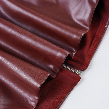 Faux Leather Bandeau Top | Asymmetric VNeck, Pleated Waist, Strapless, Wine Red | noémi